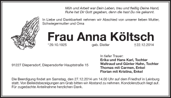 Traueranzeige von Anna Költsch von Pegnitz-Zeitung